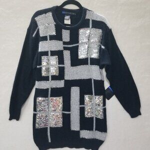 Vintage IB Diffusion Womens M Black Sivler Silk Sweater Sequins Beaded Front